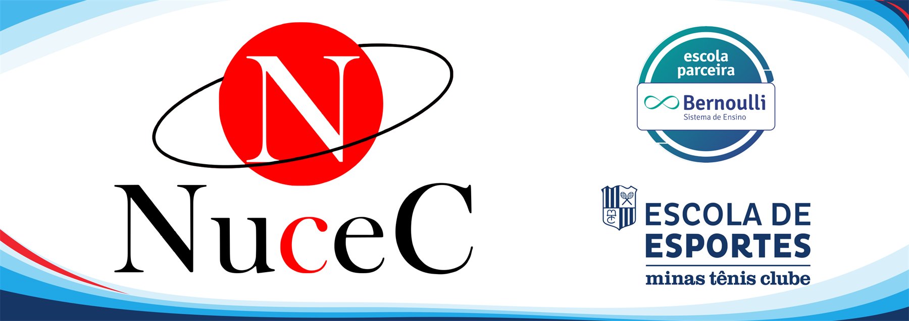 Faixa da fachada com o logo NUCEC grande à esquerda e Bernoulli e Escola de Esportes Minas à direita