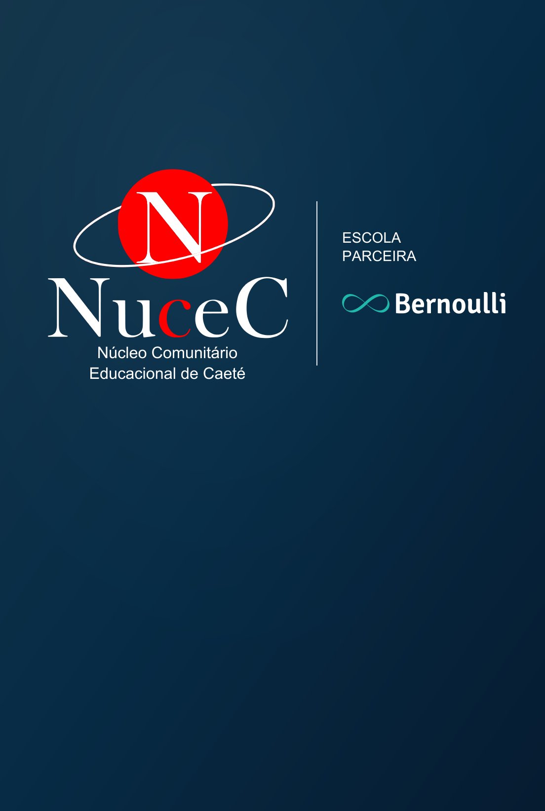 Painel azul-marinho com o logo NUCEC em branco e Escola parceira Bernoulli